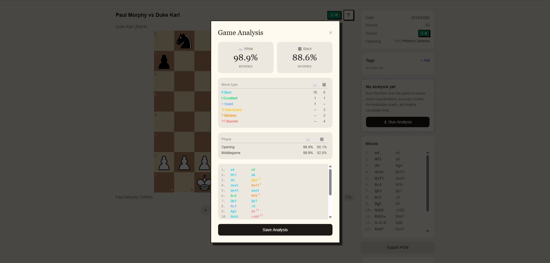 Game replay showing engine candidate lines and best-move arrow