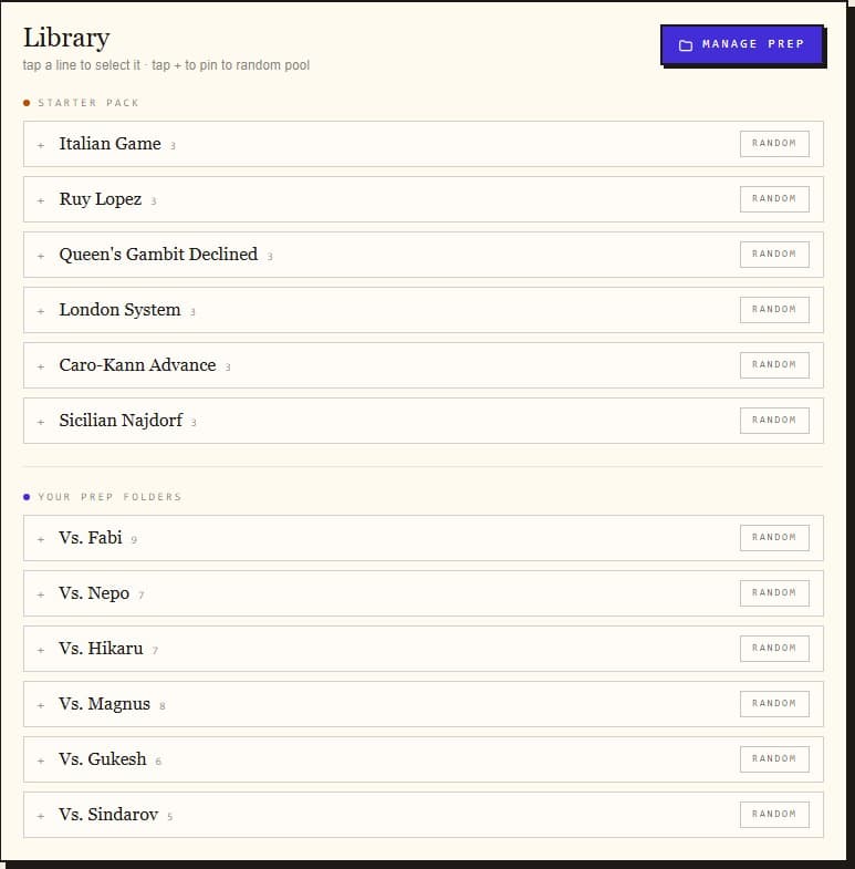 Opening trainer library — saved lines