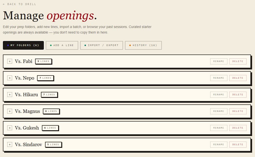 Opening trainer manage screen — folders, import/export, history